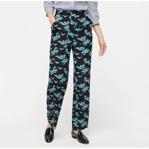 J.Crew Silk Straight Leg Pants Botanical Bee Print Black Blue 8 Whimsy Novelty